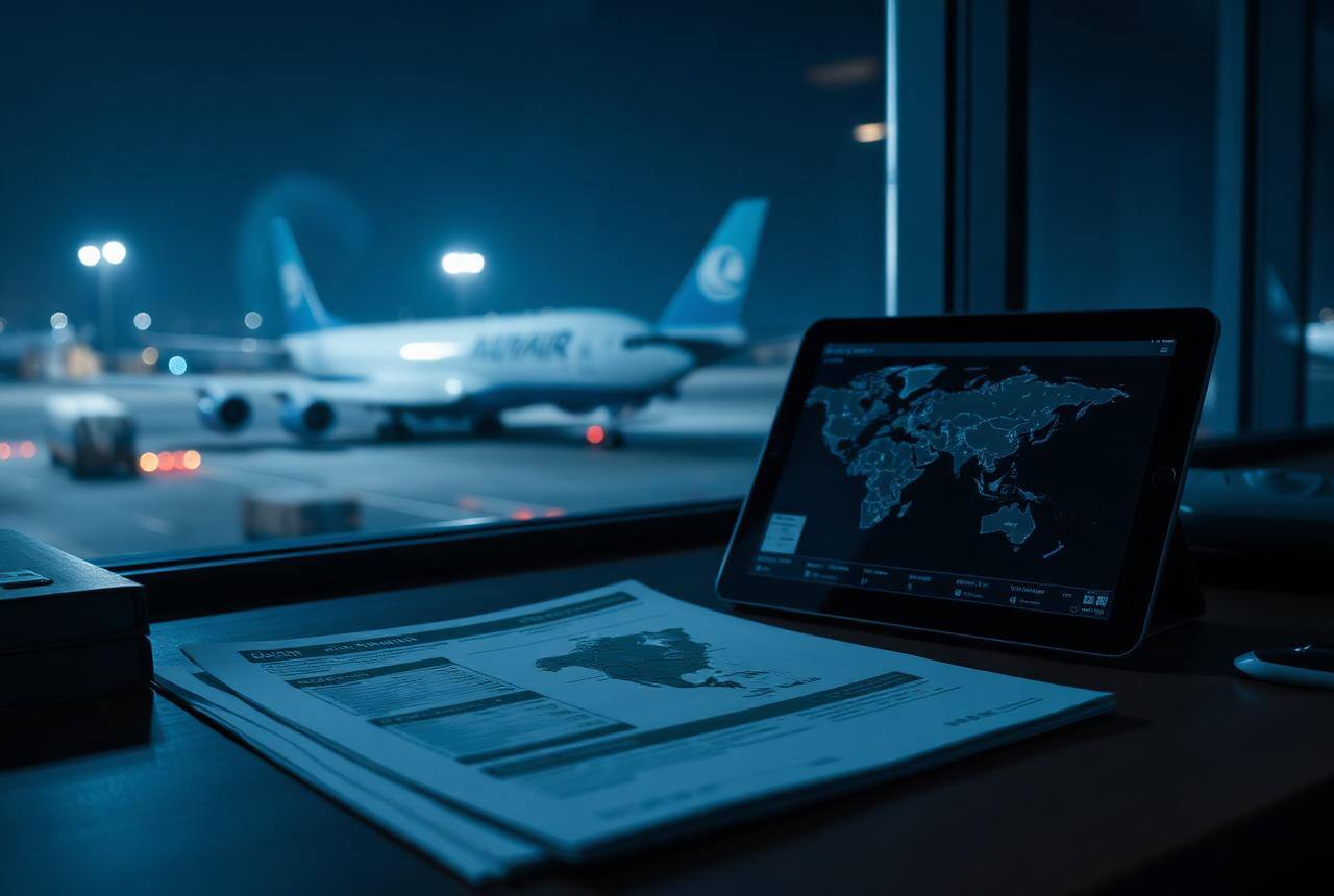 Freight forwarder's desk with shipping documents and a tablet
