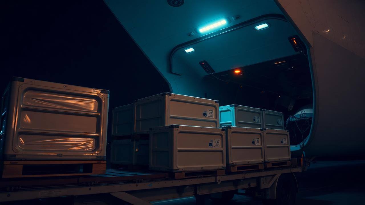 Air cargo pallets being loaded into an aircraft hold at night