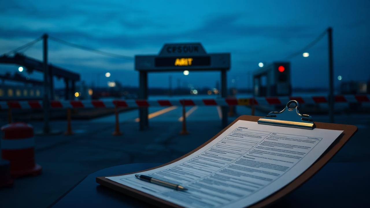 Port customs gate with shipping paperwork on a clipboard at dusk
