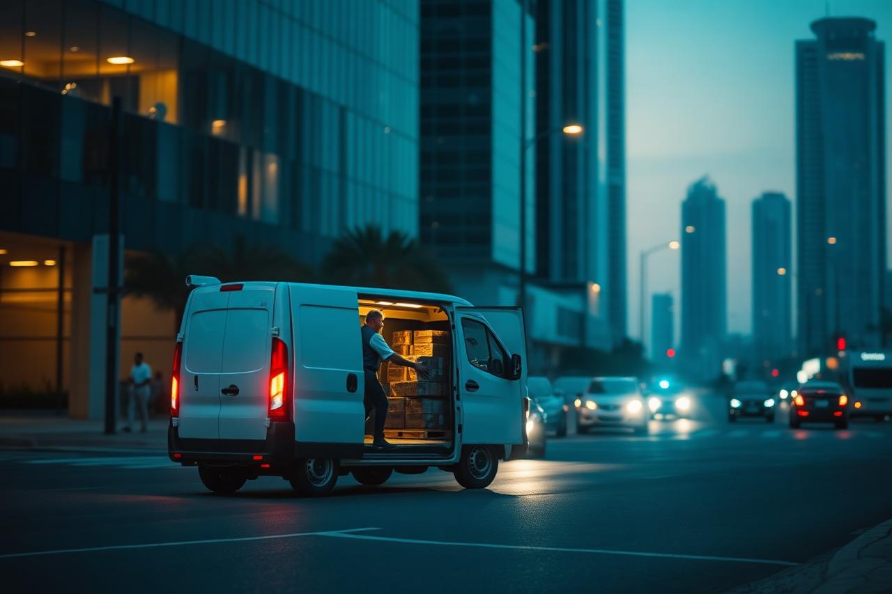 Delivery van unloading parcels on a Dubai street at blue hour