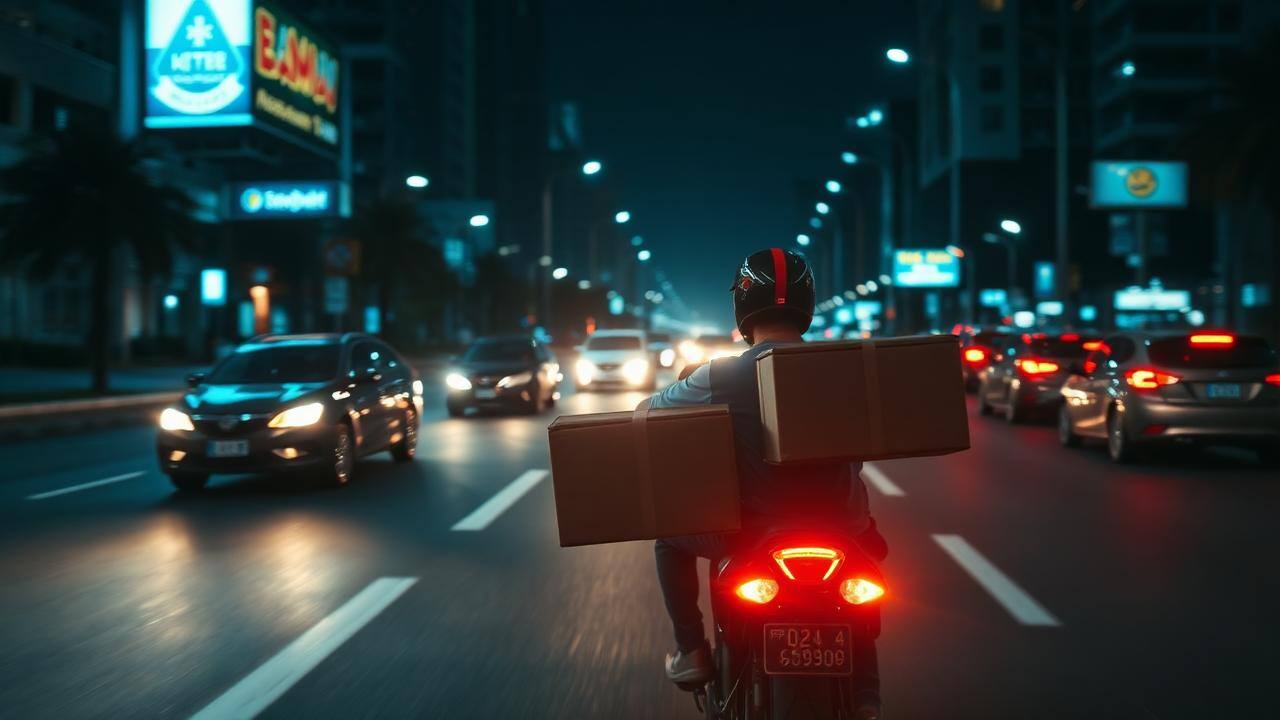 Motorbike courier moving through city traffic at night