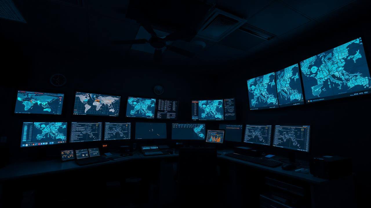 Logistics control room with route screens at night