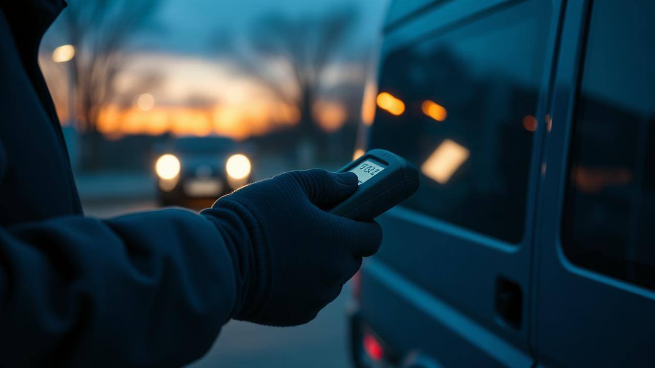 Courier scanning a parcel at a delivery van at dusk