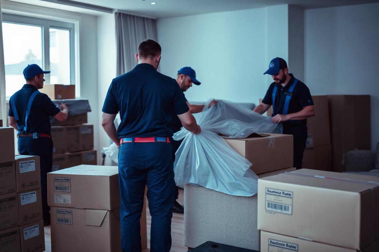 Professional movers wrapping and boxing furniture during a relocation