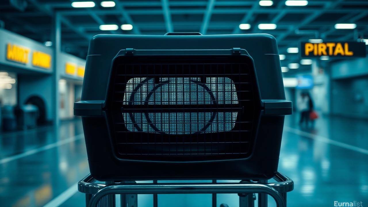 Airline-approved pet crate on a trolley in a cargo terminal