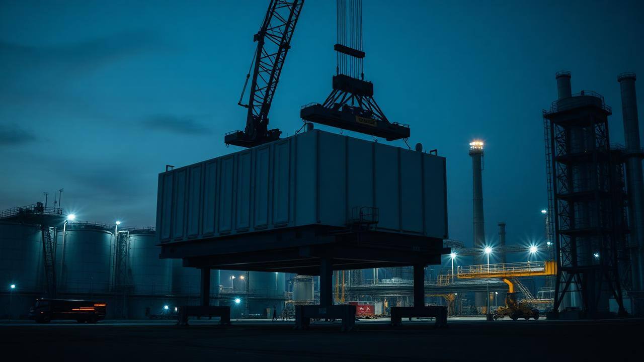 Heavy-lift crane placing industrial plant at dusk