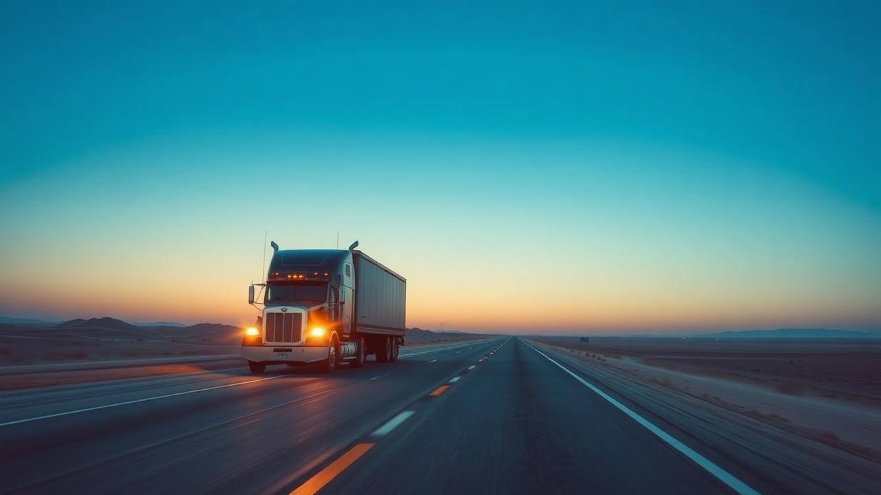 Freight truck on a desert highway at sunrise