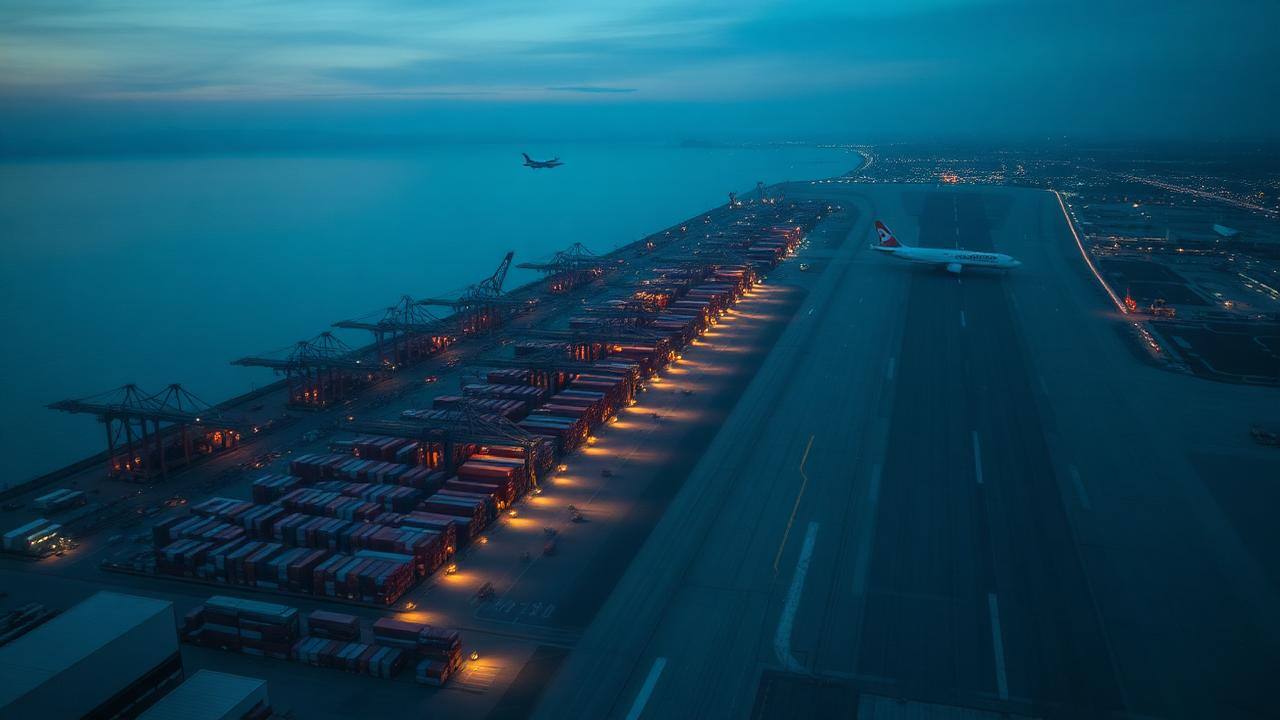 Aerial view of a seaport beside an airport at twilight