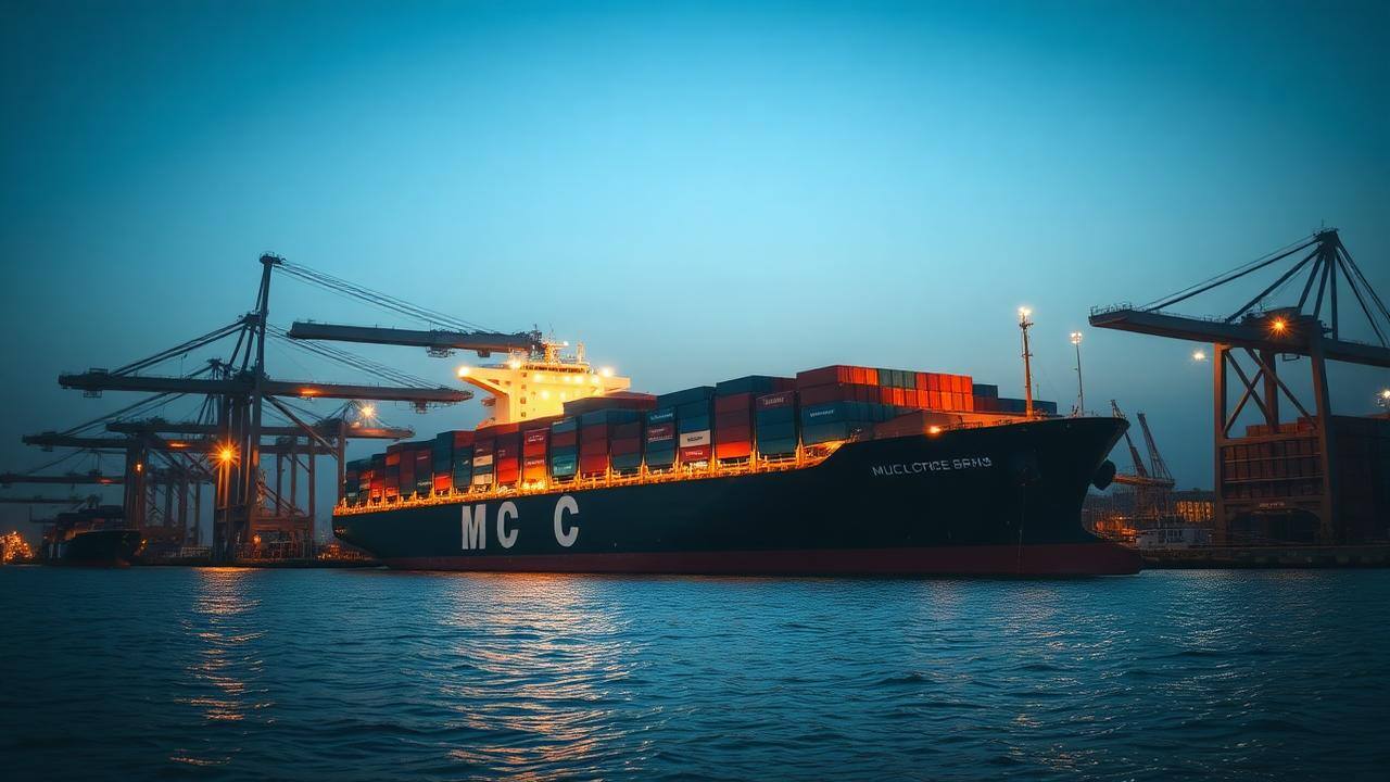 Container ship berthed at a Gulf container terminal at twilight