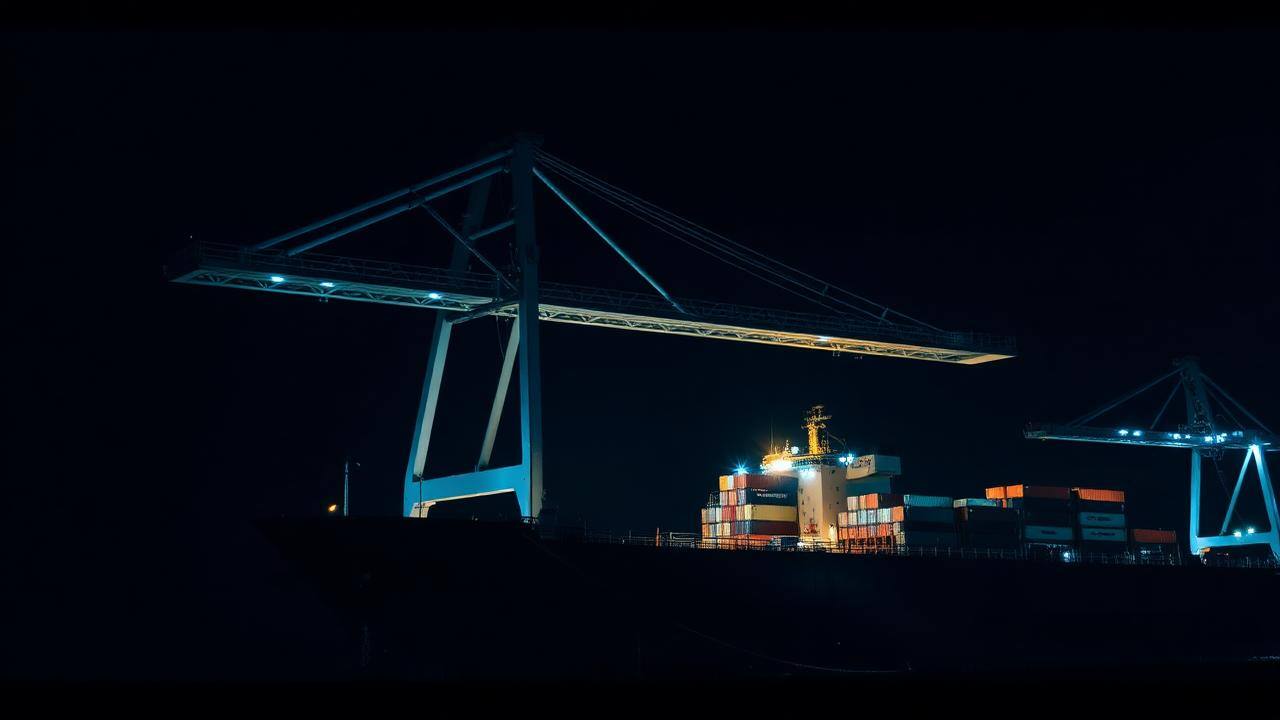 Gantry crane working over a berthed container vessel at night