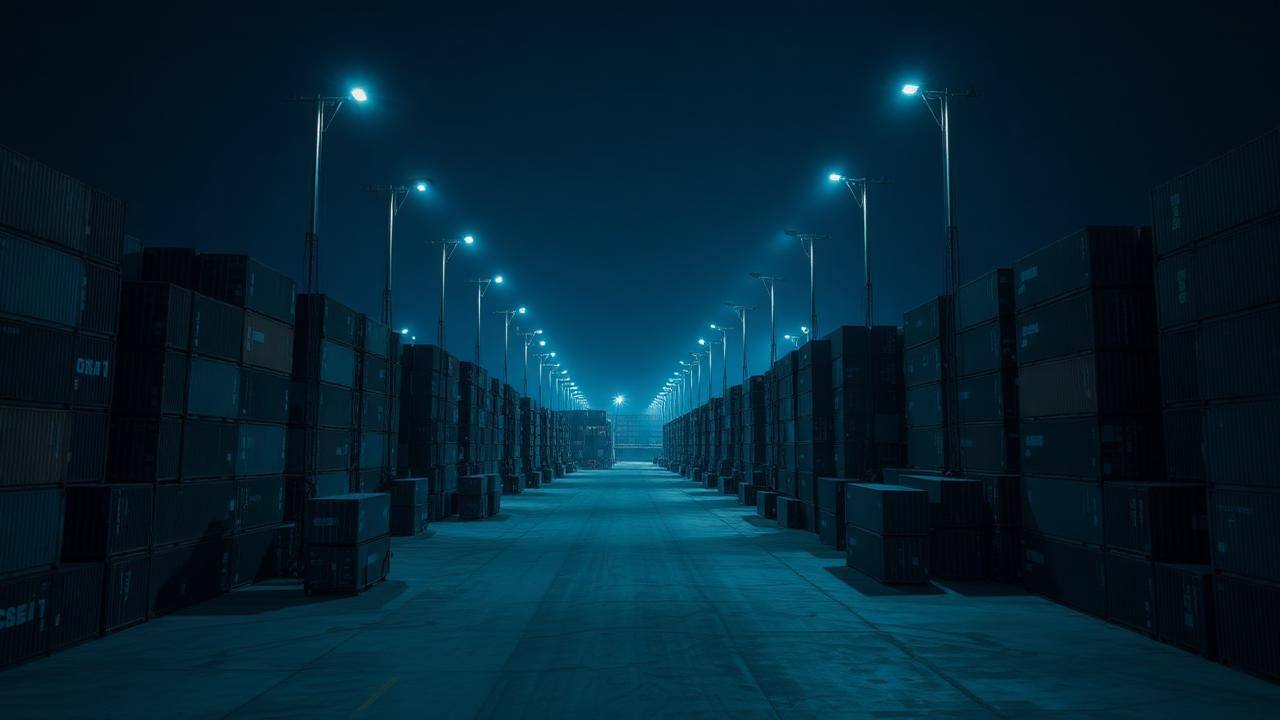 Floodlit container yard at night
