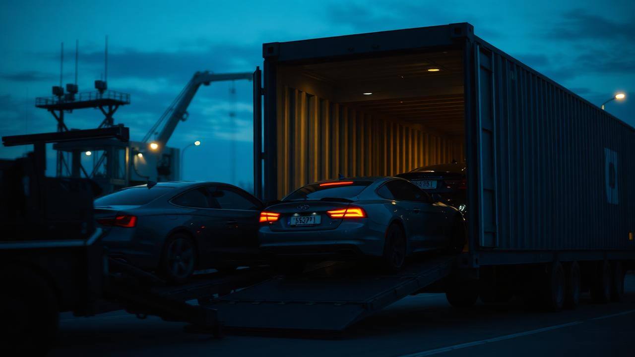 Cars being loaded into a shipping container at dusk