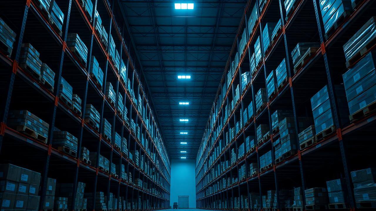 Modern high-bay warehouse interior with racked pallets
